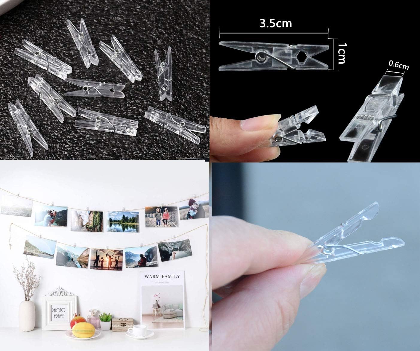 Yansanido 100pcs Mini Clear Plastic Utility Paper Clip, Clothespins Clips, Clothes Line String Clips, mini Clothes Pins for Photo for String Fairy Lights Color Clear(100pcs Clear Plastic Clips)