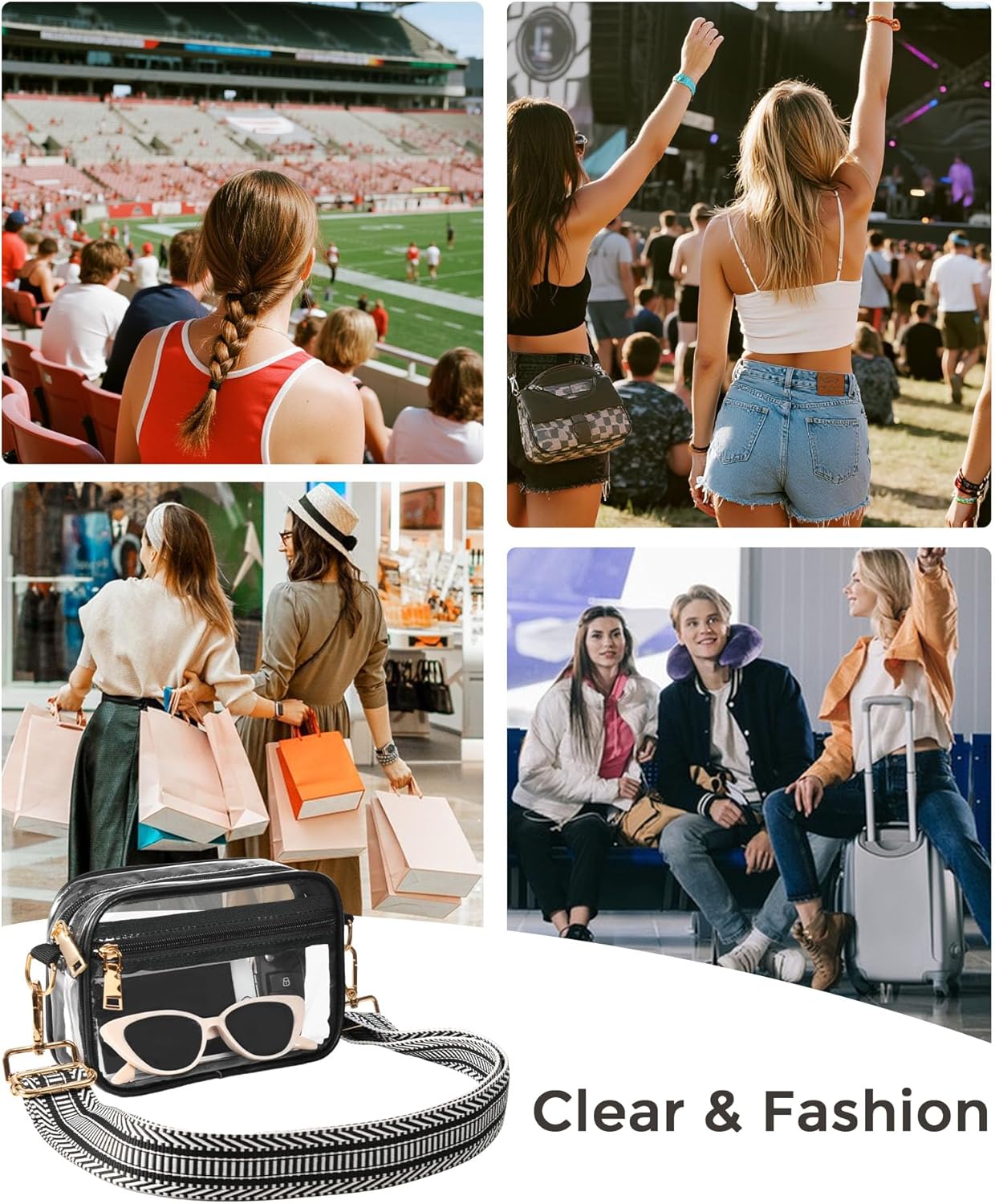 Clear Crossbody Bag Stadium Approved, Clear Purses for Women, Small Stadium Bag for Events Concerts Sports Fans