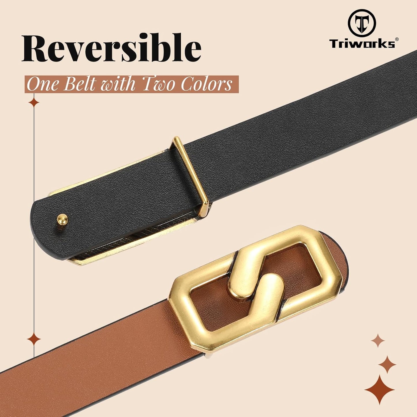 Women Reversible Leather Belt for Jeans, Ladies Waist Belt with Gold Buckle 0.9" Width