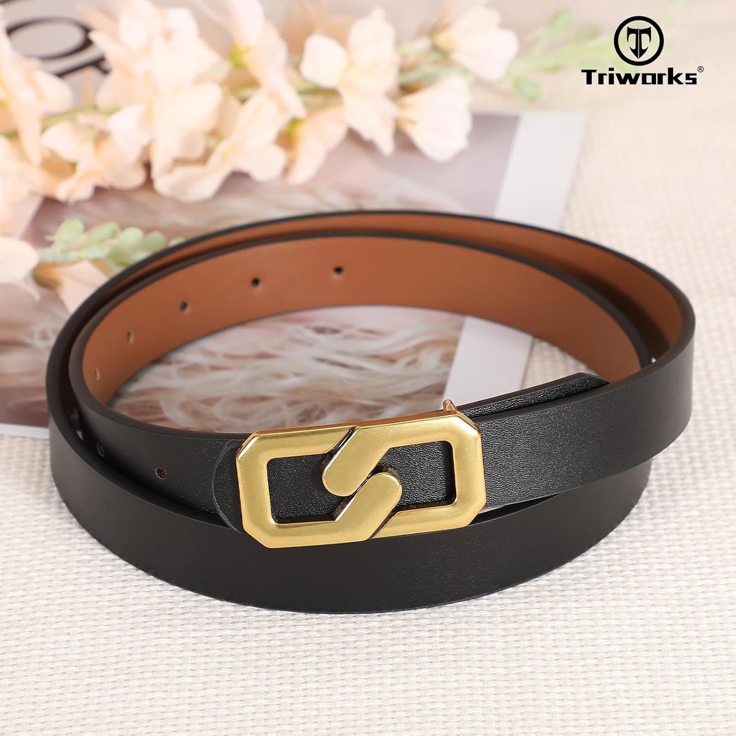 Women Reversible Leather Belt for Jeans, Ladies Waist Belt with Gold Buckle 0.9" Width
