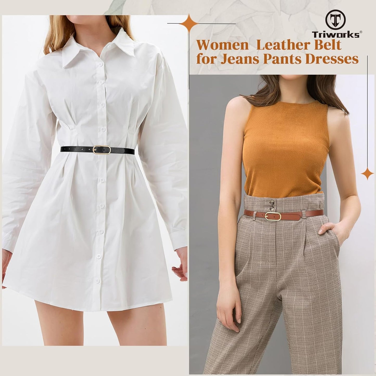 Women Skinny Leather Belt for Dress Pants Jeans Ladies Thin Waist Belts with Gold Buckle