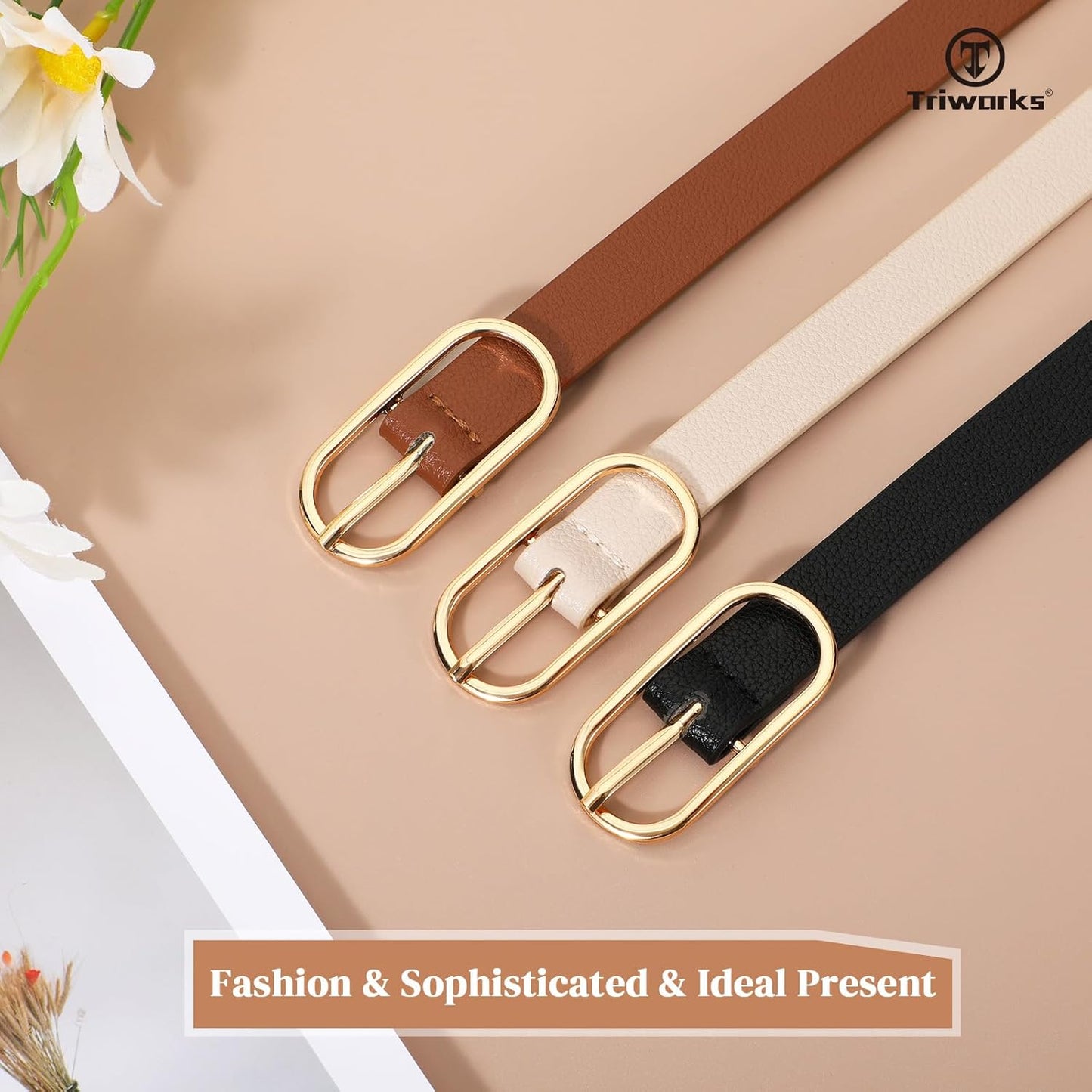 Women Skinny Leather Belt for Dress Pants Jeans Ladies Thin Waist Belts with Gold Buckle