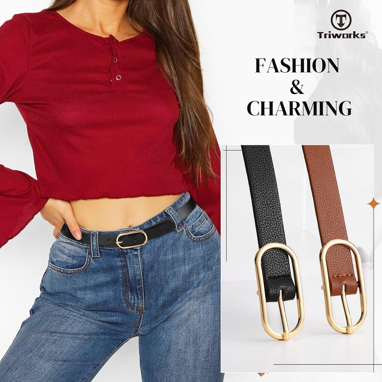 Women Skinny Leather Belt for Dress Pants Jeans Ladies Thin Waist Belts with Gold Buckle