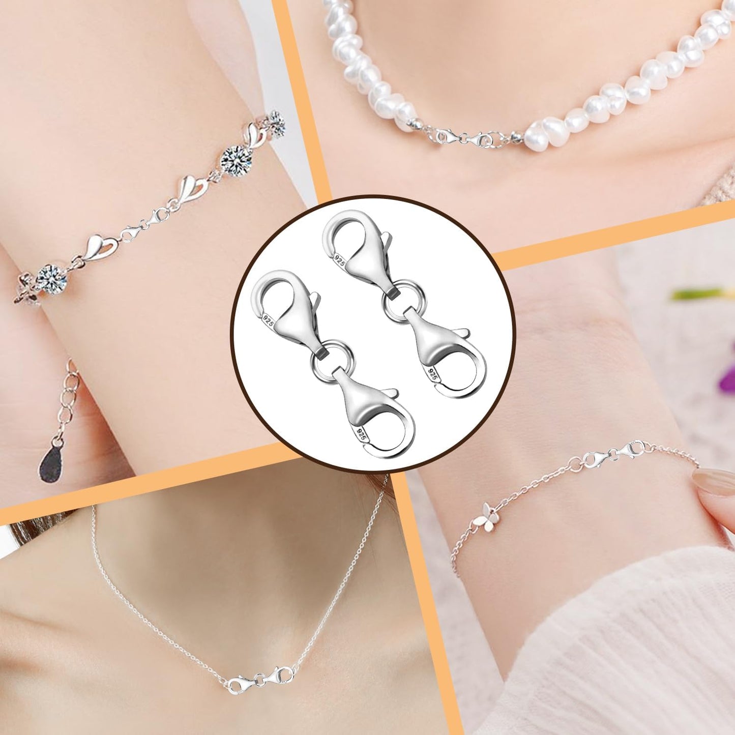 925 Sterling Silver Necklace Extenders for Women, Double End Lobster Claw Clasp, 9mm Lobster Clasp and Closures for Making Jewelry Chain, Necklace & Bracelet Clips (Silver)