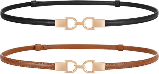 2 Pack Skinny Leather Belts for Women Thin Waist Belts with Adjtable Gold Buckle for Dresses, Coats and Jeans