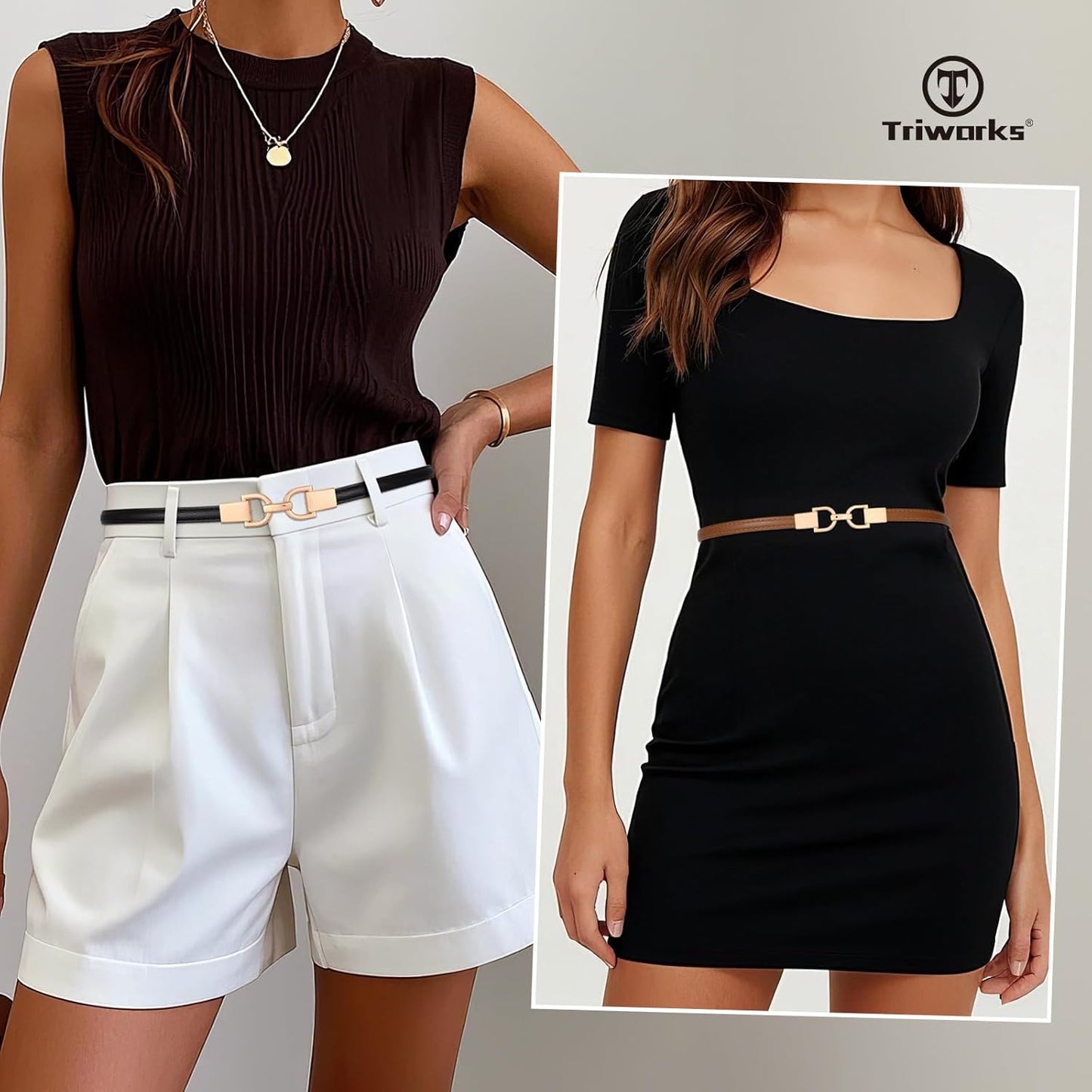 2 Pack Skinny Leather Belts for Women Thin Waist Belts with Adjtable Gold Buckle for Dresses, Coats and Jeans