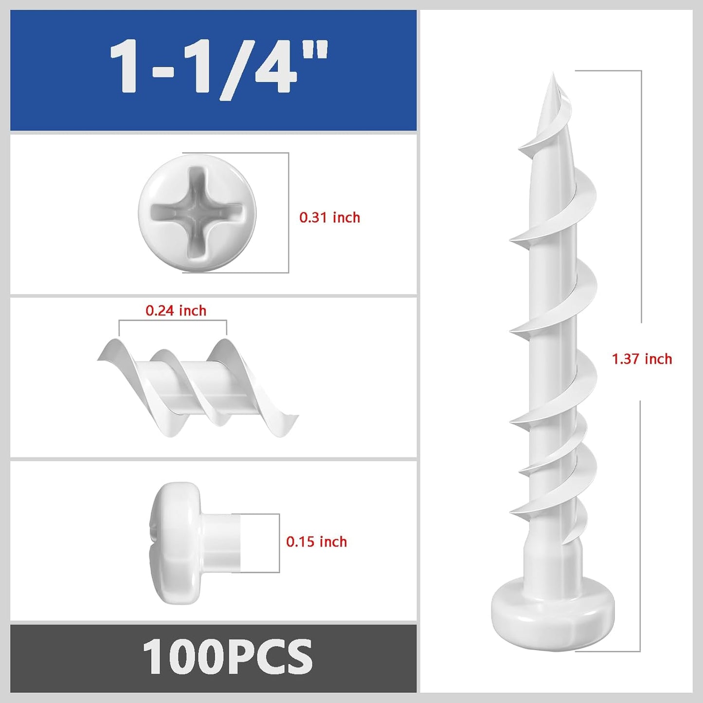 (100 pcs) Pan Head Drywall Anchors 1-1/4" White Anti Rt Coating, Bolt Anchor, Duty Hollow Wall Anchors
