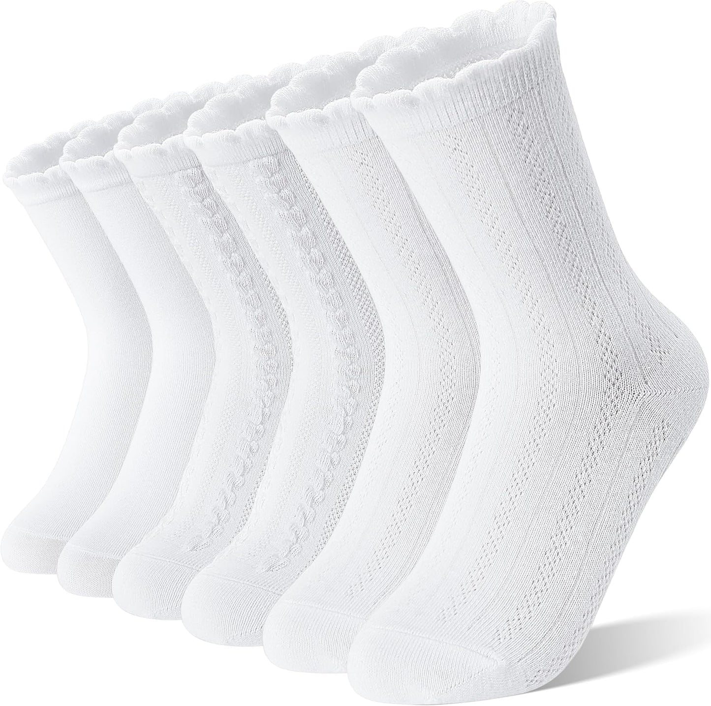 Girls Kids Ruffle Socks Uniform School Dress Crew Cotton Textured Breathable Socks 6 Pairs