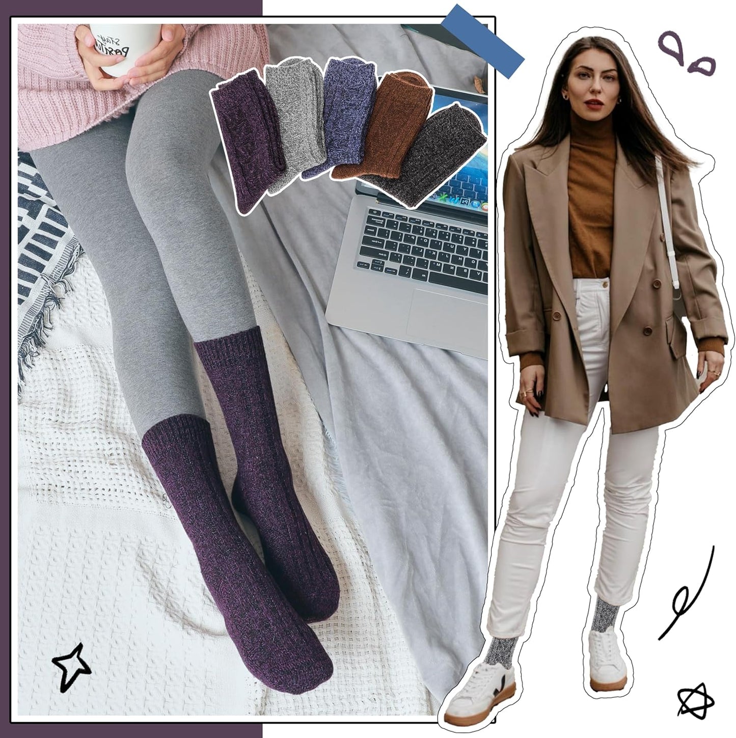 5 Pairs Merino Wool Socks for Women Thermal Warm Thick Winter Hiking Knit Cozy Crew Duty Work Soft Socks for Ladies