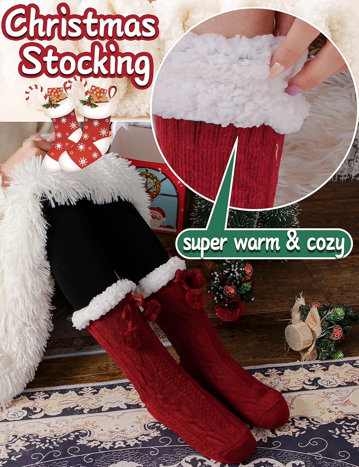 Slipper Fuzzy Socks for Women Fluffy Cozy Cabin Winter Warm Soft Fleece Comfy Thick Christmas Stocking Stuffer with Grips(Red)