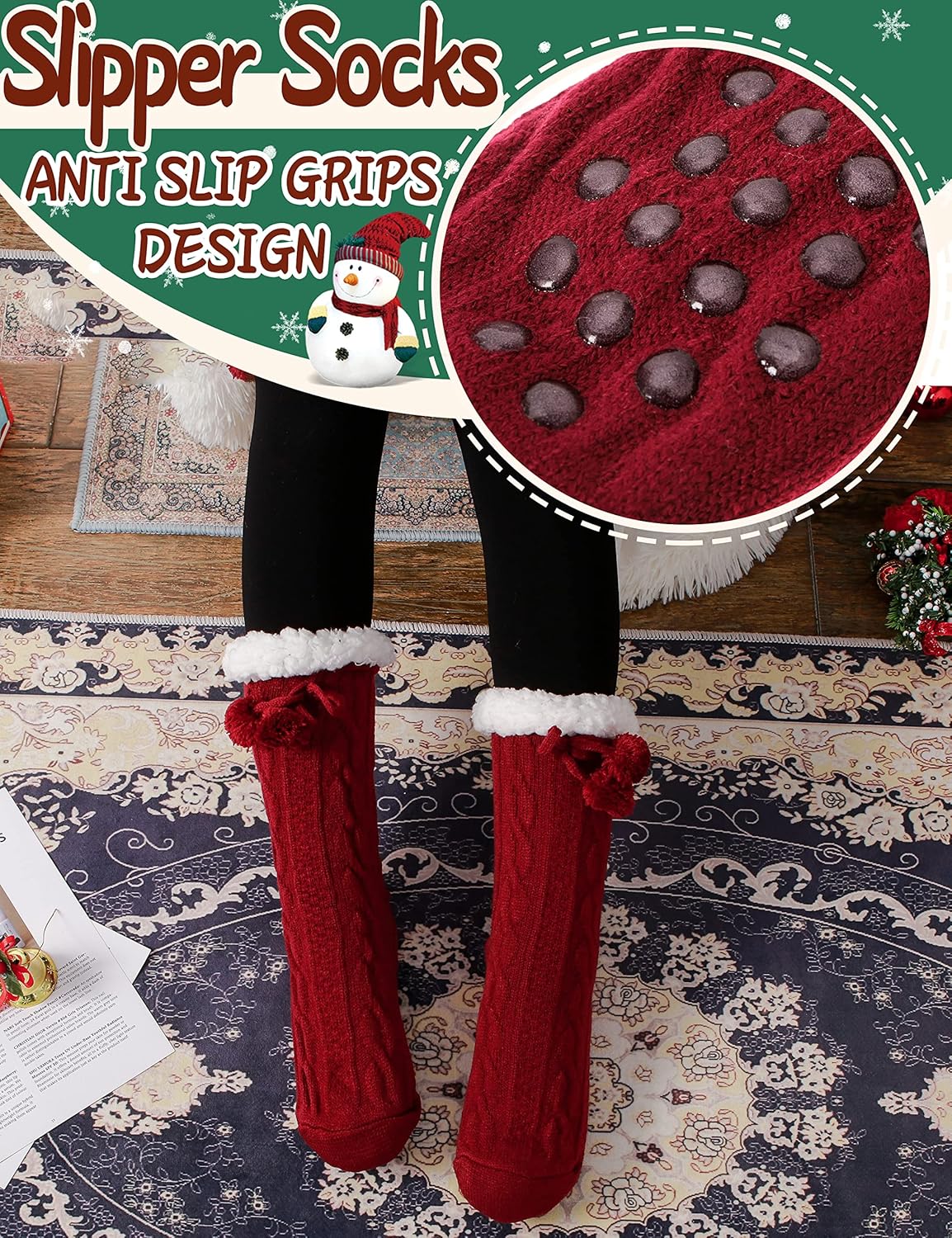 Slipper Fuzzy Socks for Women Fluffy Cozy Cabin Winter Warm Soft Fleece Comfy Thick Christmas Stocking Stuffer with Grips(Red)