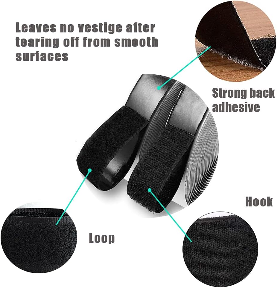 Self Adhesive Hook and Loop Tape Roll 3/4 Inch Black Strong Adhesive Interlocking Tape for Picture and Tools Hanging Pedal Board Fastening 12.6 Yard