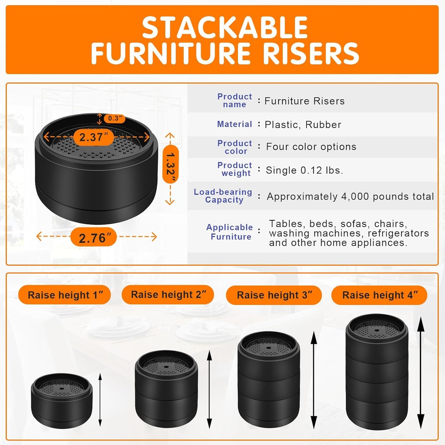 Furniture Risers Bed Risers Heavy Duty 1 inch, 2 inch, 3 inch, 4 inch Round Adjtable Bed Lifts Riser for Desk Legs Table Couch Sofa Chair Refrigerator Washing Machine (1+1 Inch, Black, 4 Pack)
