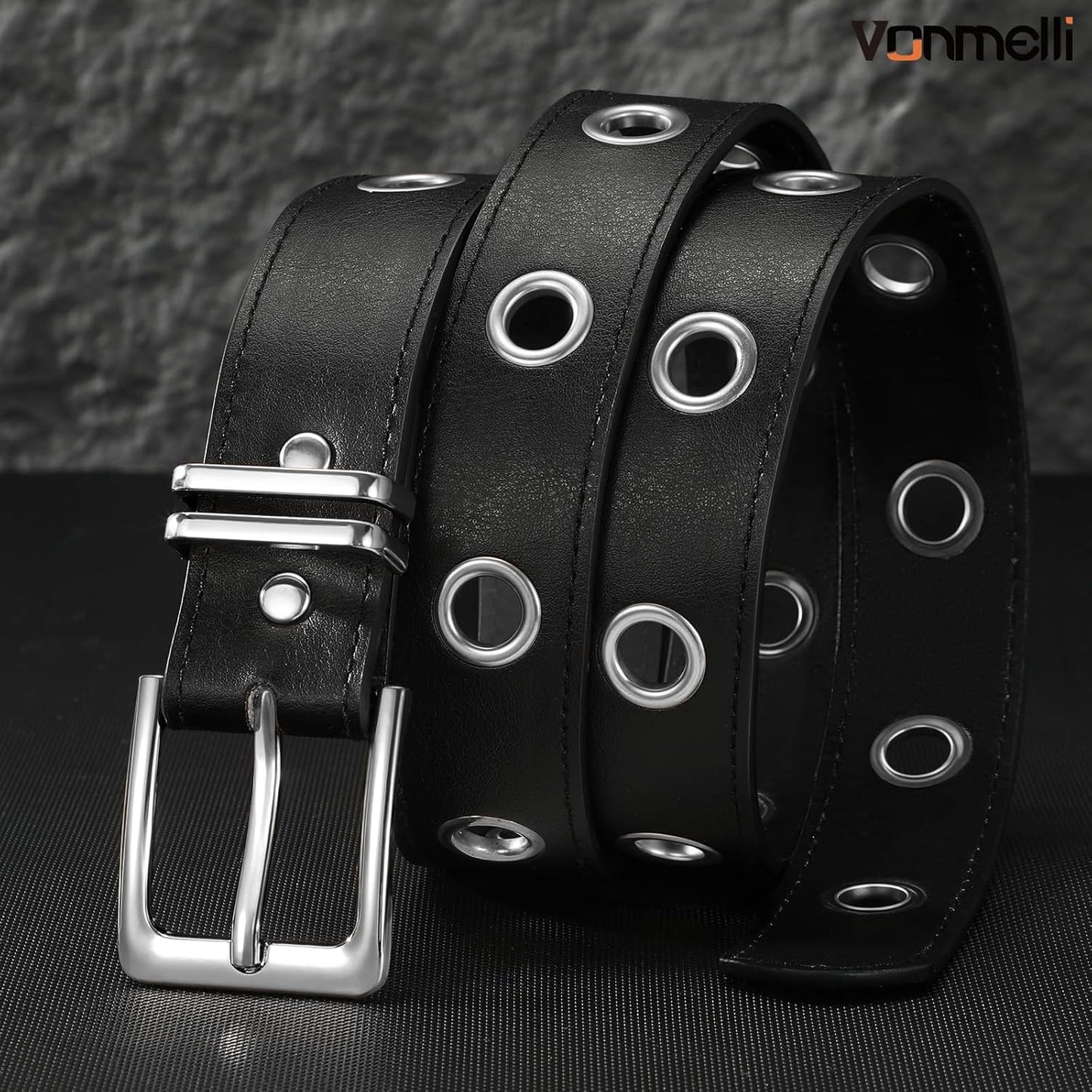 Grommet Leather Belt for Women Men, Black Punk Goth Belt for Women Jeans