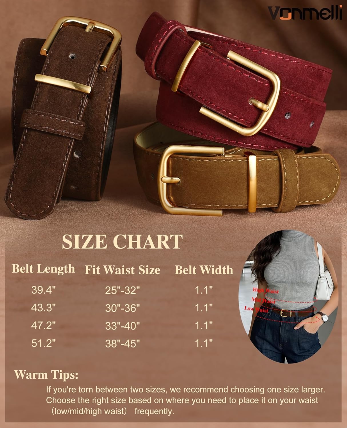 Women Suede Leather Belt for Jeans Dress with Fashion Gold Buckle Ladies Waist Belts