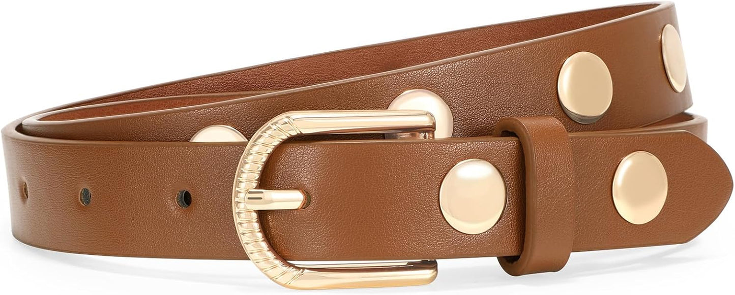 Skinny Leather Belt for Women Studded Thin Belt for Fashion Jeans Dress Ladies Waist Belts
