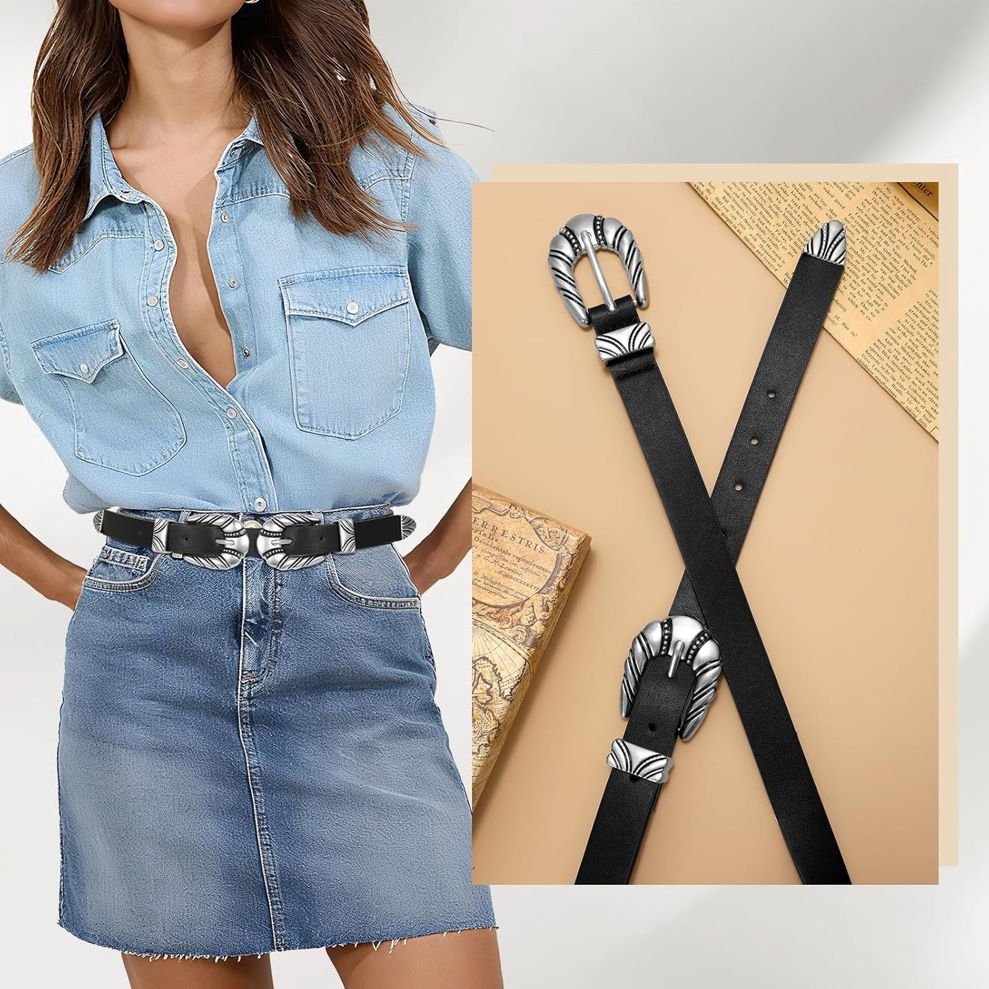 Western Leather Belts for Women Jeans Dress Cowgirl Thin Ladies Belt with Double Sliver Buckle