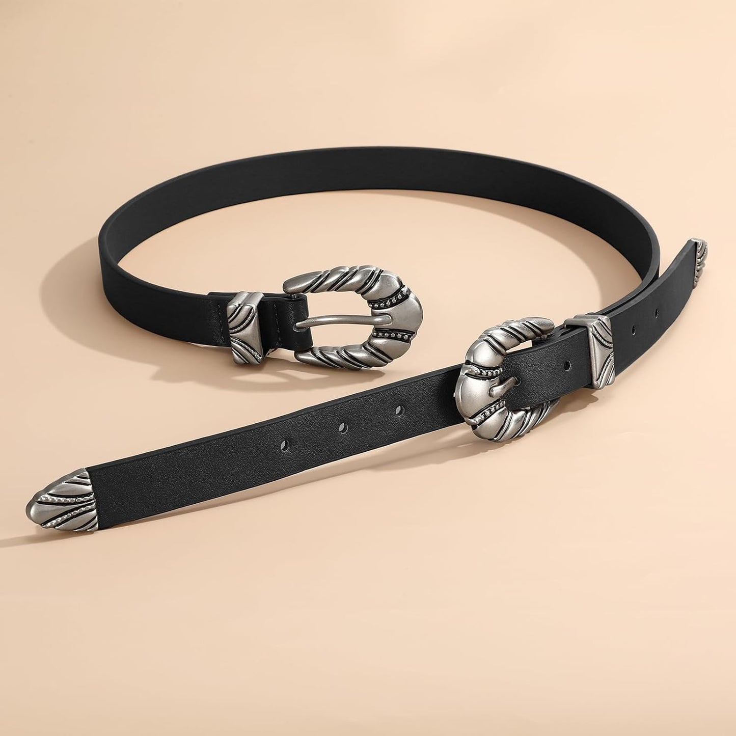 Western Leather Belts for Women Jeans Dress Cowgirl Thin Ladies Belt with Double Sliver Buckle