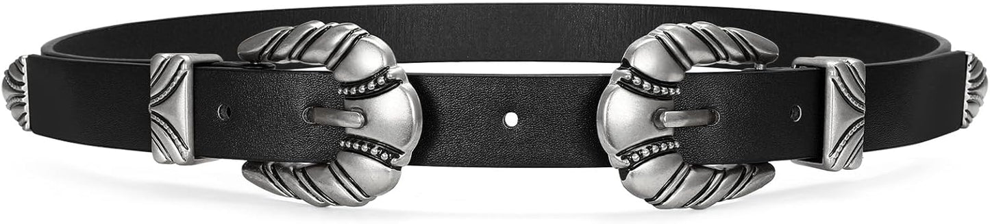 Western Leather Belts for Women Jeans Dress Cowgirl Thin Ladies Belt with Double Sliver Buckle