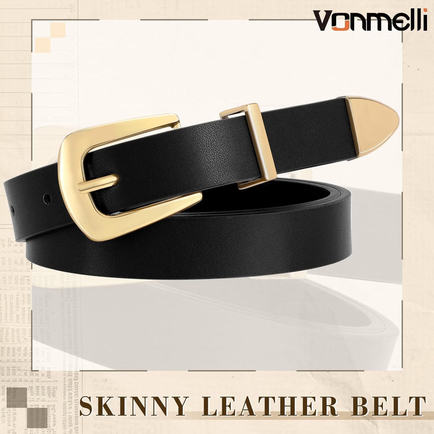 Women Skinny Leather Belt for Jeans Dress Black Thin Waist Belt Ladies Belt with Gold Buckle, M