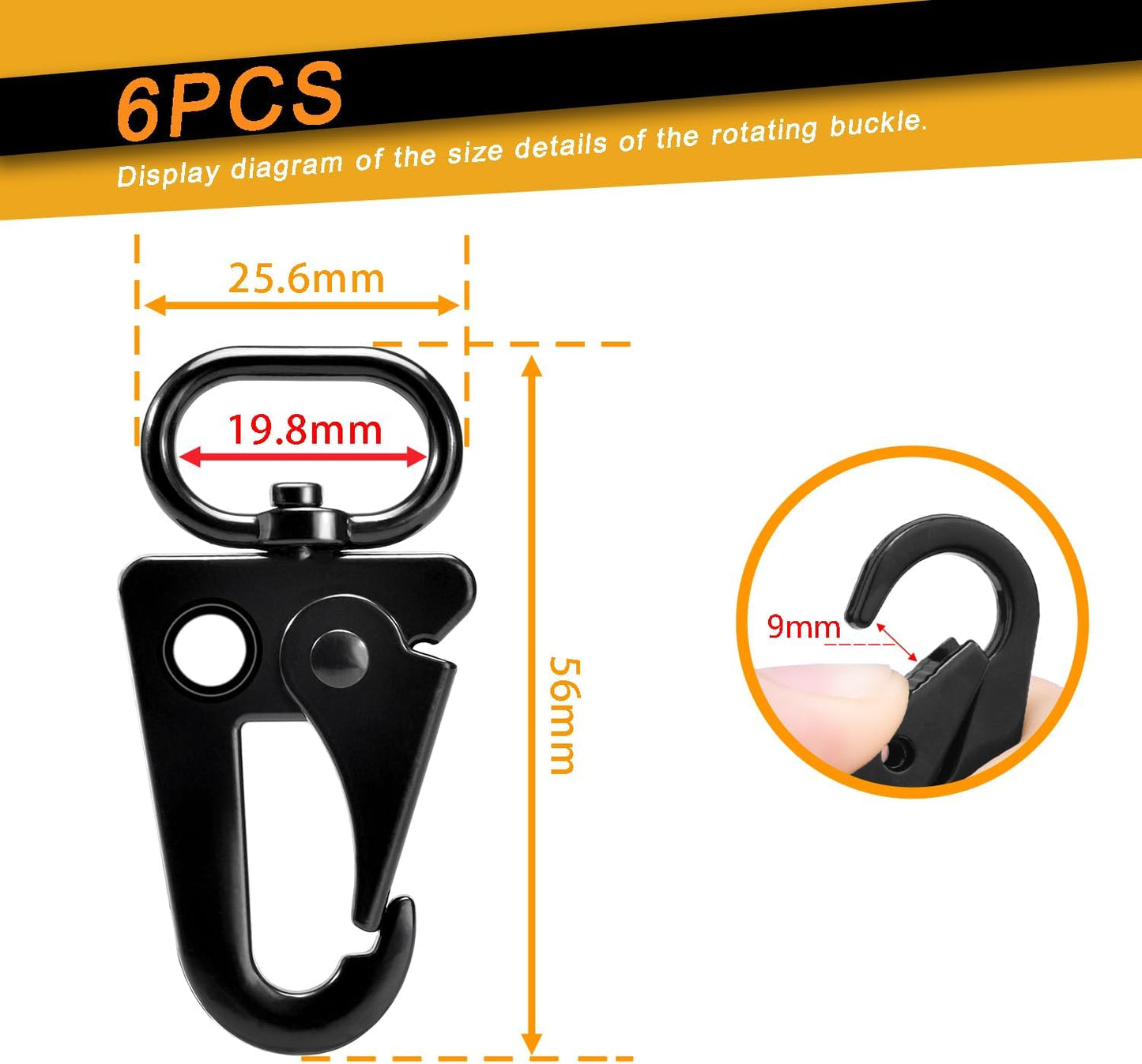 6 Pack Paracord Lanyard Accessories 3/4" Rifle Sling Clips Metal Swivel Snap Hook Keychain Carabiner Key Chain for Keyrings (Black)