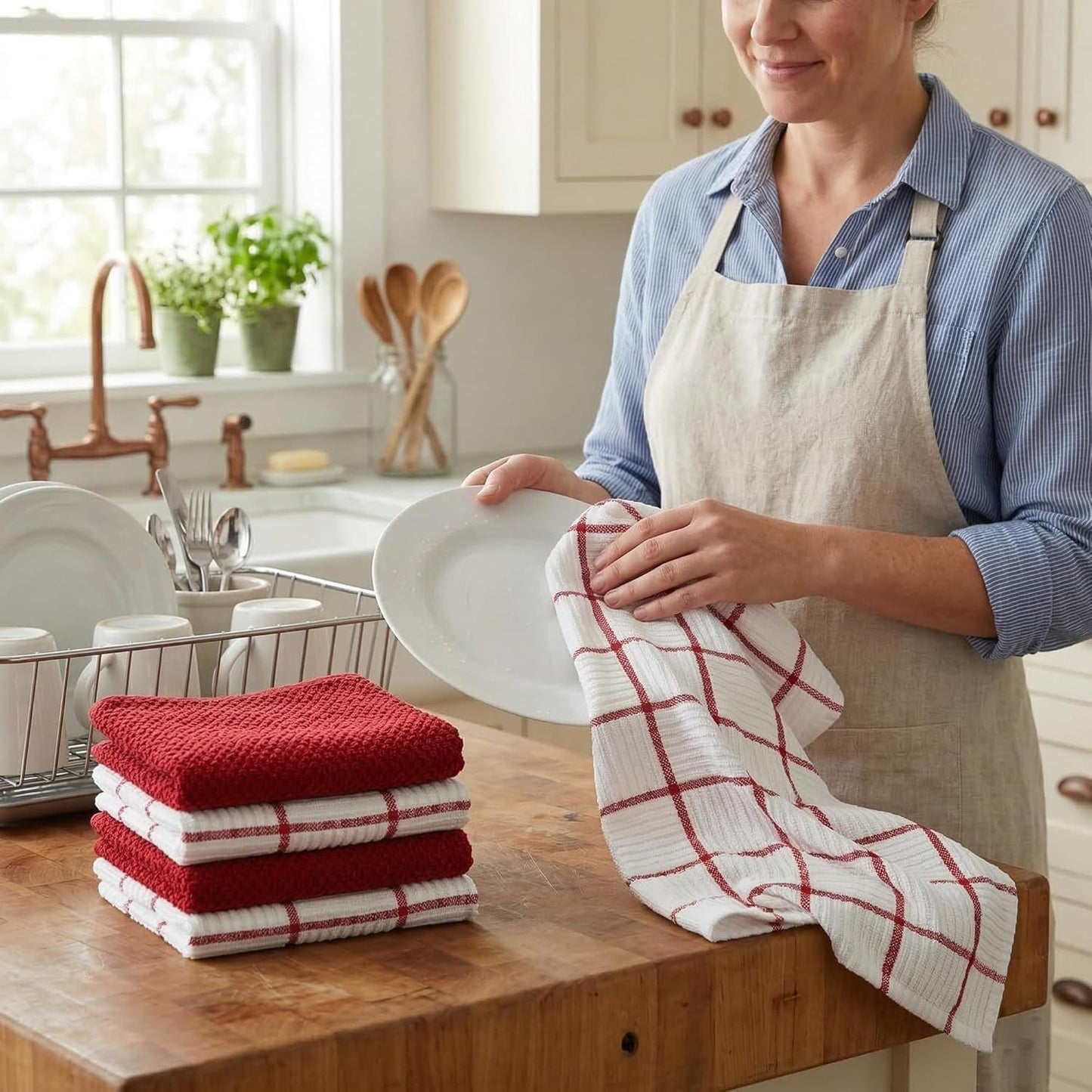 6 Pack Large Kitchen Towels, 16x27 inch Absorbent Dishcloths, 100% Cotton Cleaning Cloth, Red Set (Pack of 6)