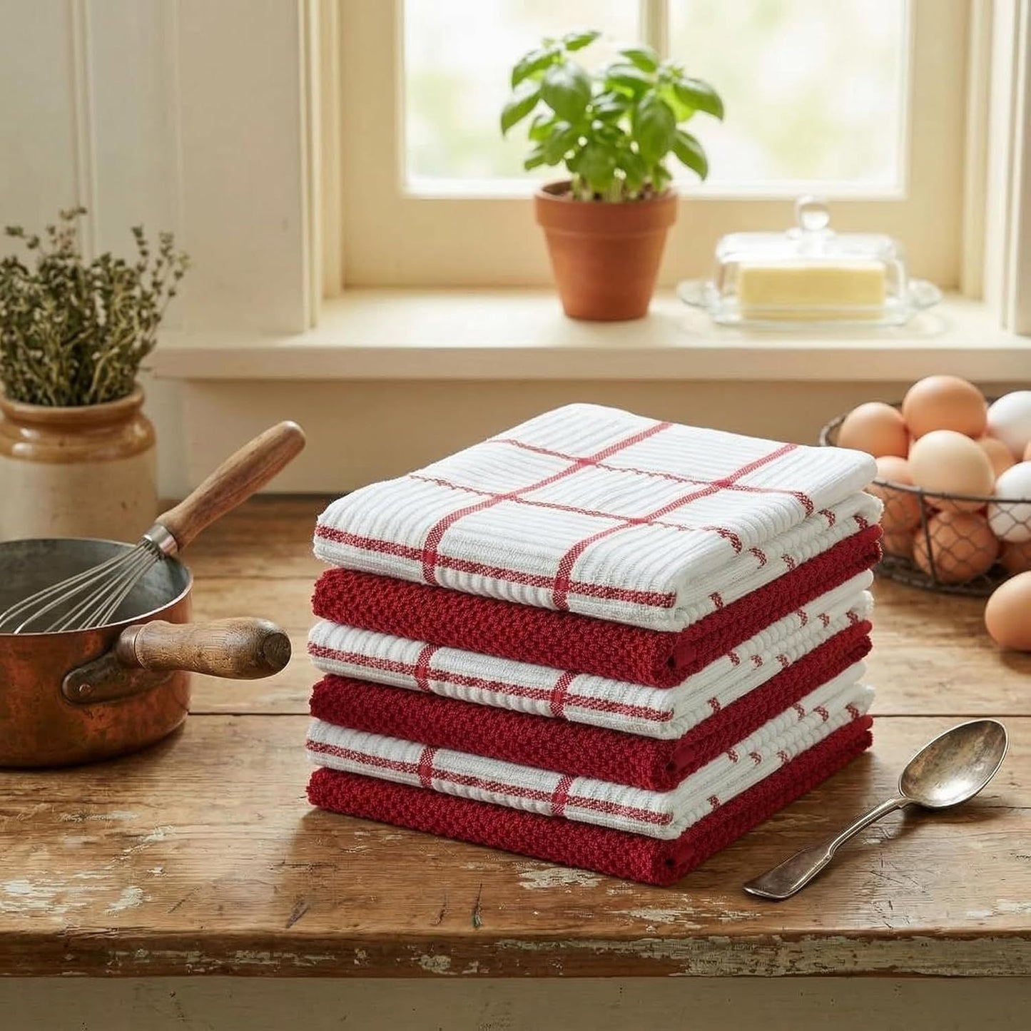 6 Pack Large Kitchen Towels, 16x27 inch Absorbent Dishcloths, 100% Cotton Cleaning Cloth, Red Set (Pack of 6)