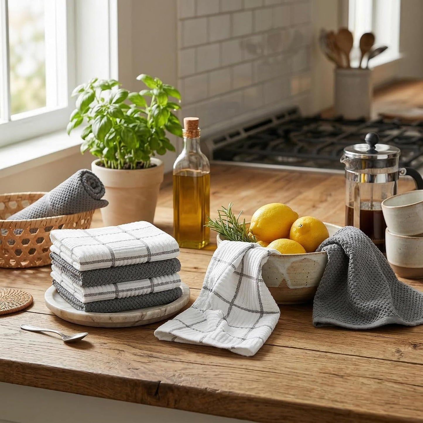 6 Pack Large Kitchen Towels, 16x27 inch Absorbent Dishcloths, 100% Cotton Cleaning Cloth, Gray Set (Pack of 6)