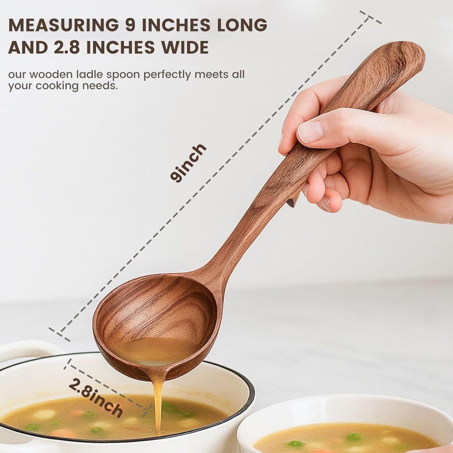 Wooden Ladle for Cooking, Wooden Soup Spoons, Natural Teak Wood Serving Spoon, 9'' Long Handle Scooper for Stirring Gravy Sauce Porridge, House Warming Gifts New Home