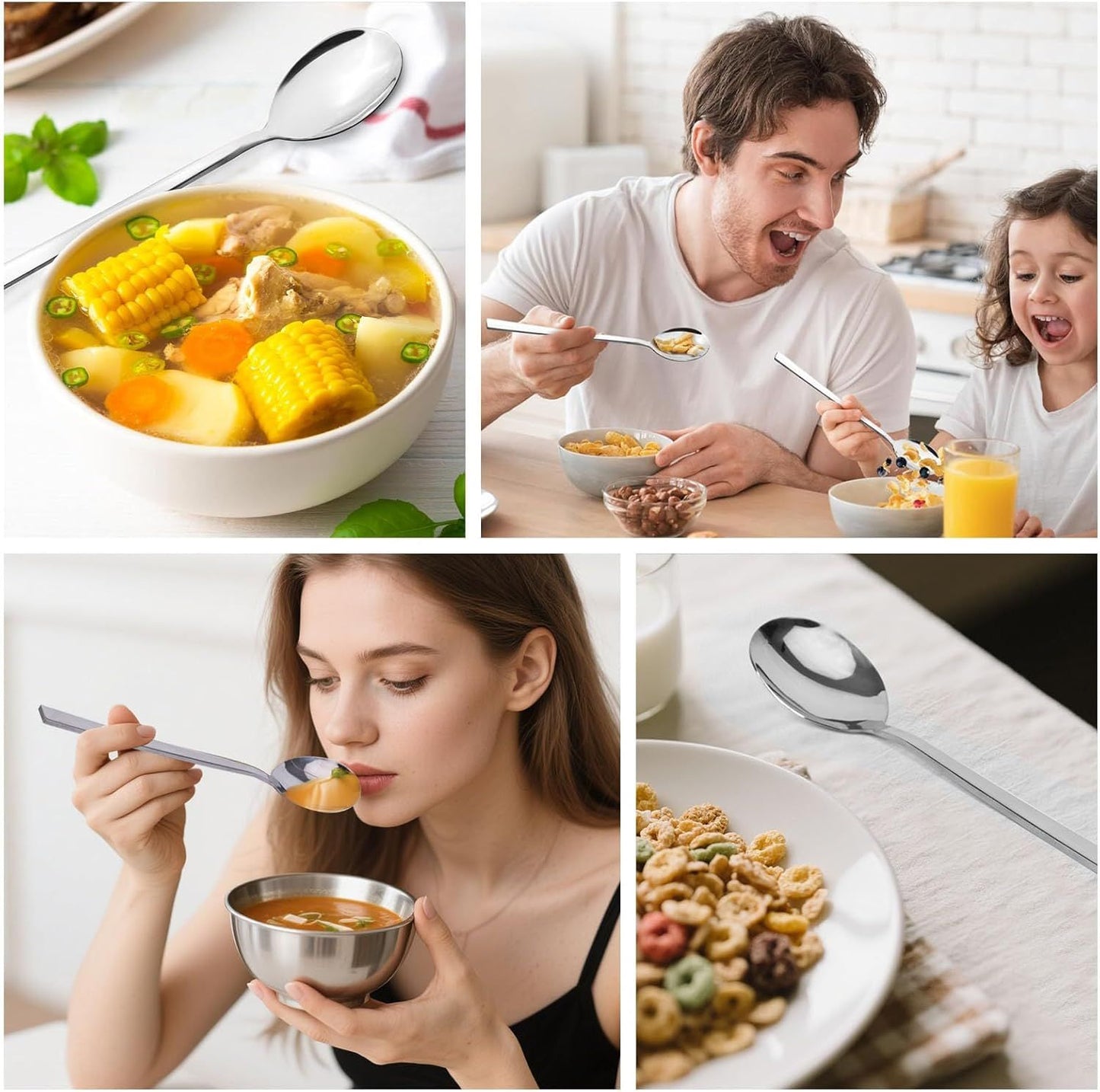 Soup Spoons, 8PCS Korean Spoon, 8.5 Inch Stainless Steel Tablespoon with Long Handles for Home Kitchen Restaurant, Flatware Set for Stirring Hot Cocoa and Cereal, Durable & Dishwasher Safe