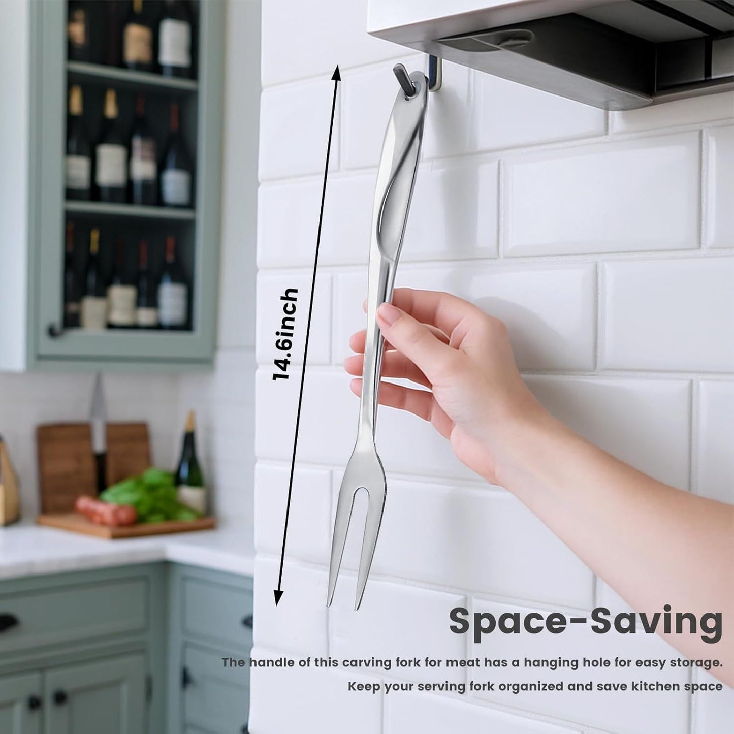 14.6" Stainless Steel Carving Fork for Meat, 2-Prong Serving & Grilling Fork with Hanging Hole, Hollow Handle for Better Heat Reduction, Kitchen Utensil for Cooking & Serving