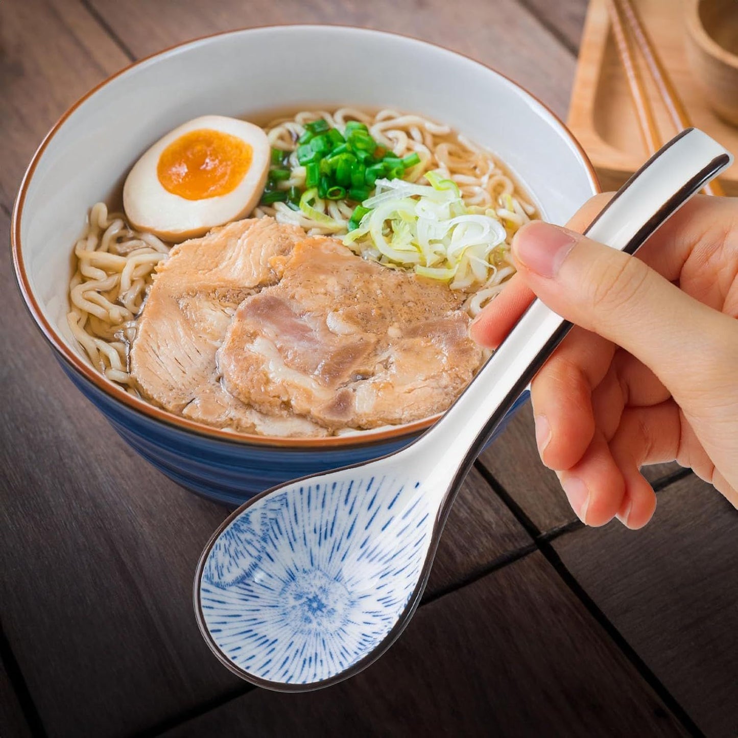 Asian Soup Spoon, 6 PCS Ceramic Soup Spoons for Ramen, Pho, Wonton, Miso, Dumplings, Rice, Noodle, Elegant Gifts for Friends Parents Family, with Long Handle, Easy to Hold, Non-slip Bottom