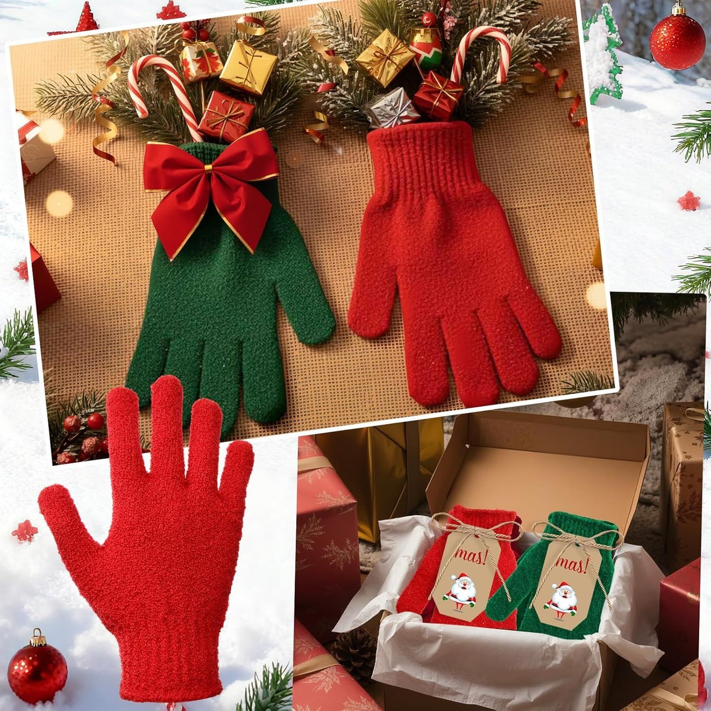 48 Pcs Red and Green Exfoliating Gloves Shower Gloves Bulk Christmas Stocking Stuffing Gifts Double Sided Body Scrub Exfoliate Glove for Women & Men Bath Shower Beauty Spa Massage Scrubber