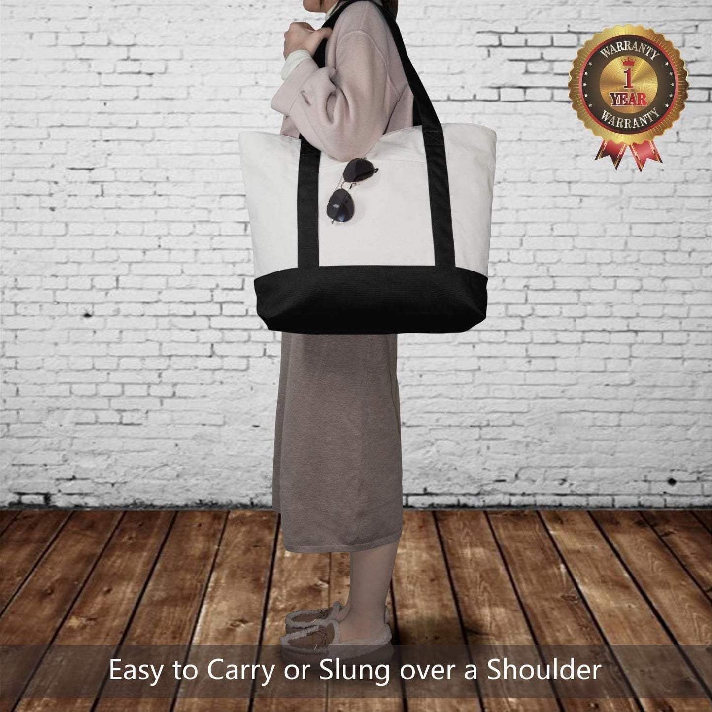 1 | 3 | 6 | 30 Pack Canvas Tote Bag with an External Pocket, Reusable Grocery Shopping Bag, Top Zipper Closure, Daily Essentials (Black/Natural Pack of 1)