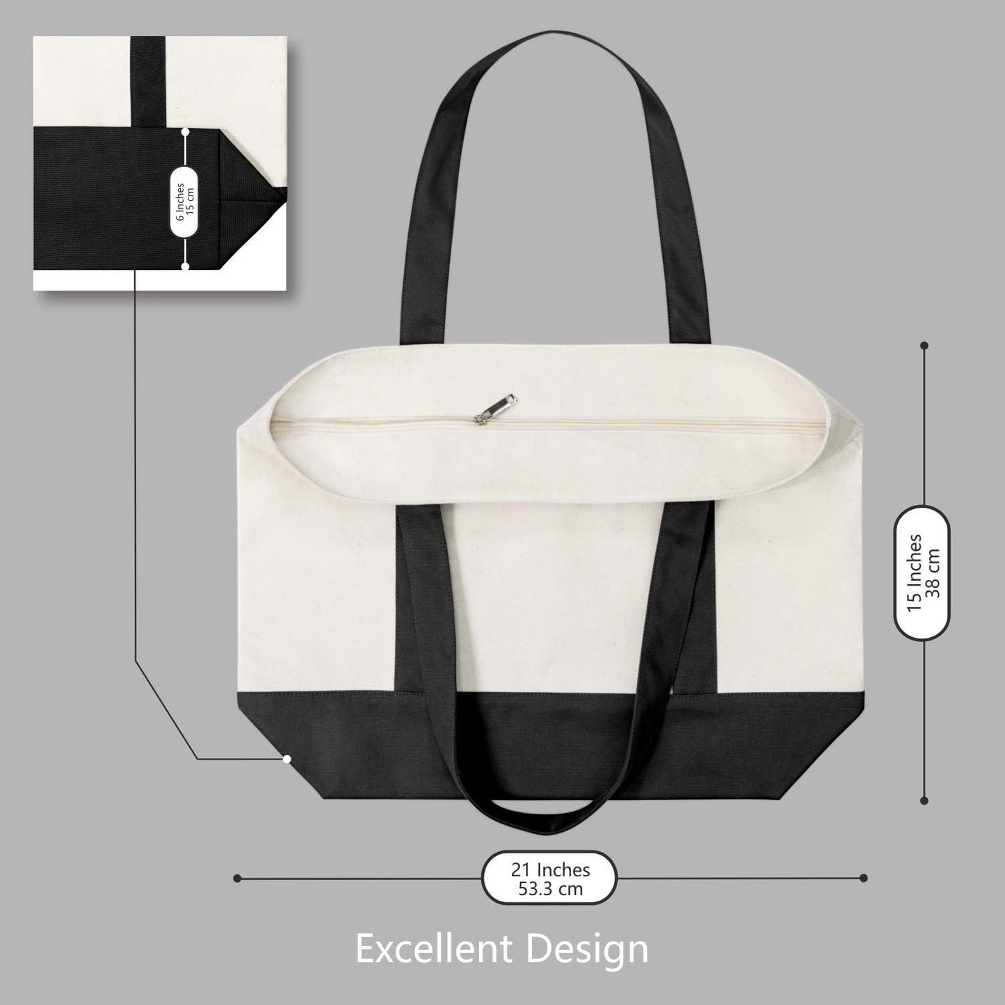 1 | 3 | 6 | 30 Pack Canvas Tote Bag with an External Pocket, Reusable Grocery Shopping Bag, Top Zipper Closure, Daily Essentials (Black/Natural Pack of 1)