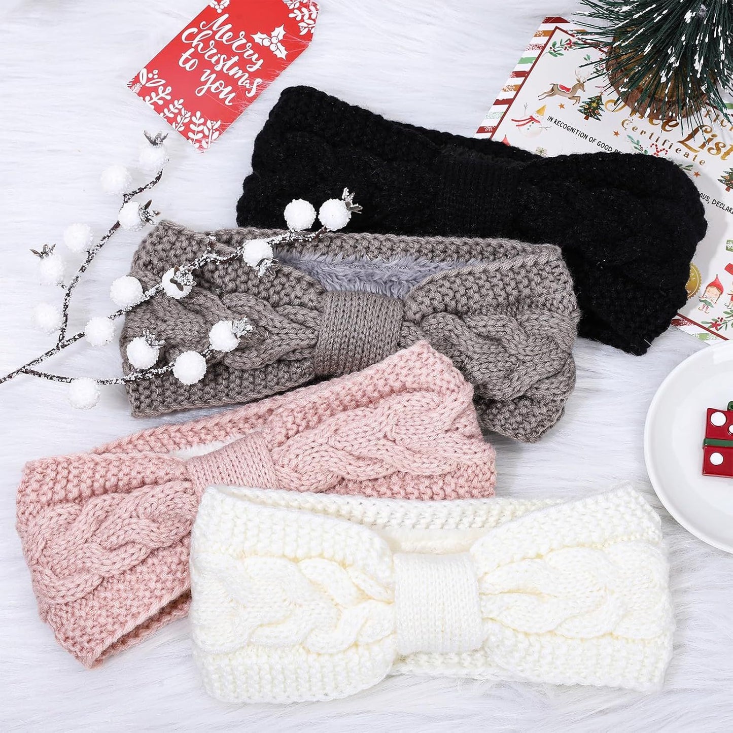 4 Pack Twisted Knit Headbands Winter Knotted Head Wraps Fuzzy Lined Headband Thick Crochet Turban Ear Warmer Elastic Hair Band Accessories for Women (White, Pink, Black, Grey)