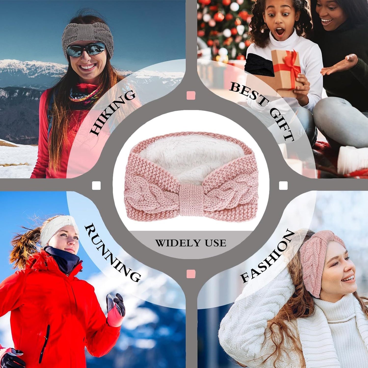 4 Pack Twisted Knit Headbands Winter Knotted Head Wraps Fuzzy Lined Headband Thick Crochet Turban Ear Warmer Elastic Hair Band Accessories for Women (White, Pink, Black, Grey)