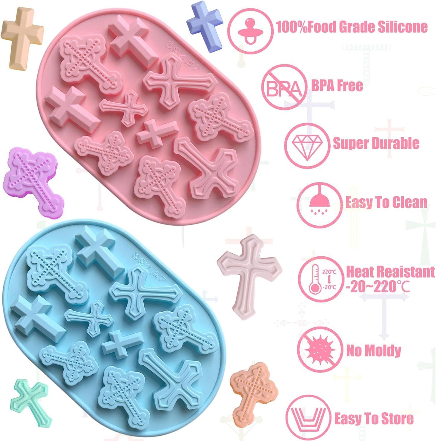 Silicone Cross Molds for Chocolate, 2-Pack Silicone Cross Candy Molds, Food-Grade Cross Cake Mold, Non-Stick Cross Baking Molds for DIY Easter, Baptism, and Celebrations