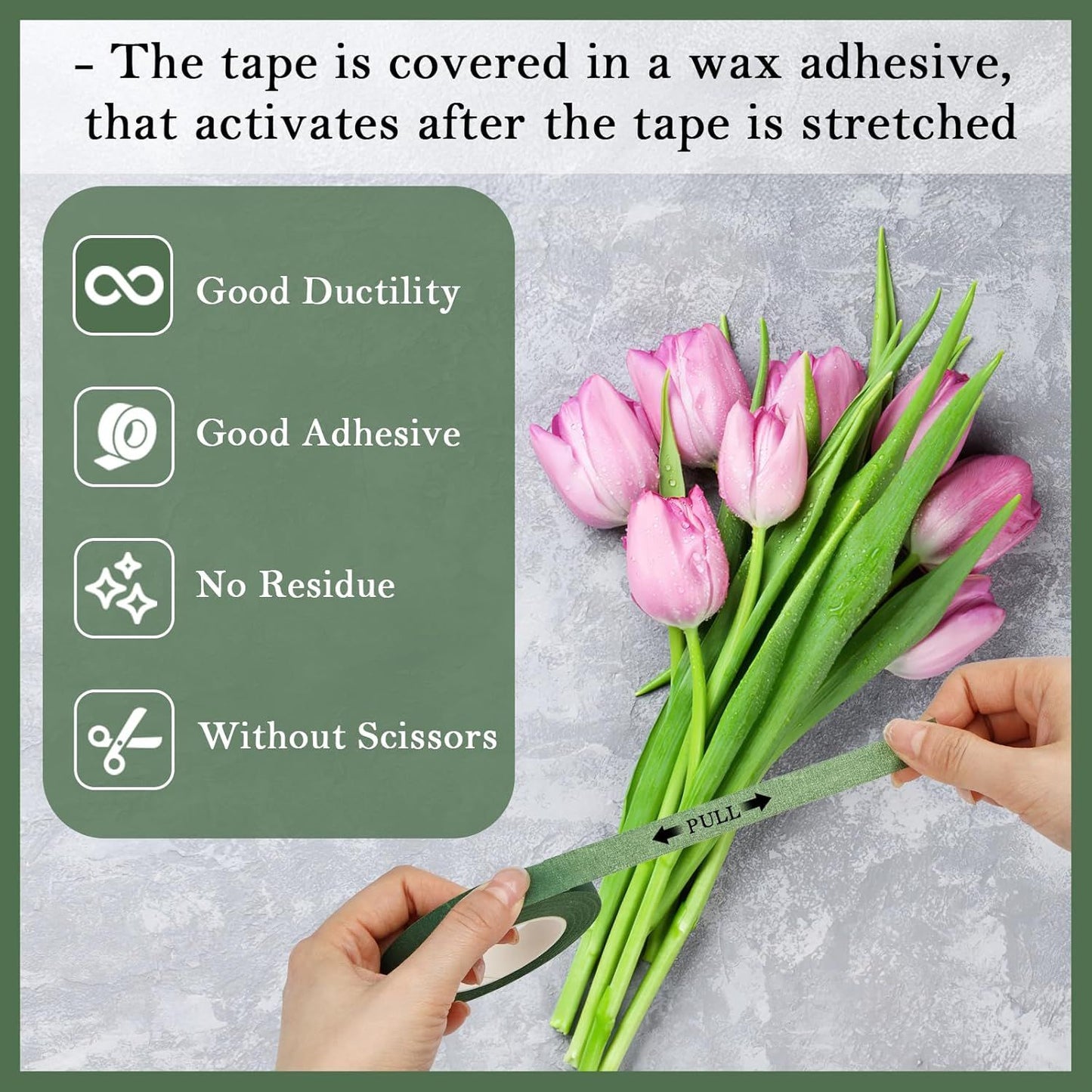 8 Rolls Floral Tape, 1/2" Wide Flower Tape, Dark Green Floral Tape for Fresh Flowers, Adhesive Florist Tape for Floral Crafts, Bouquet Floral Arranging Stem Wrapping, Wedding Bouquet, 30Yard
