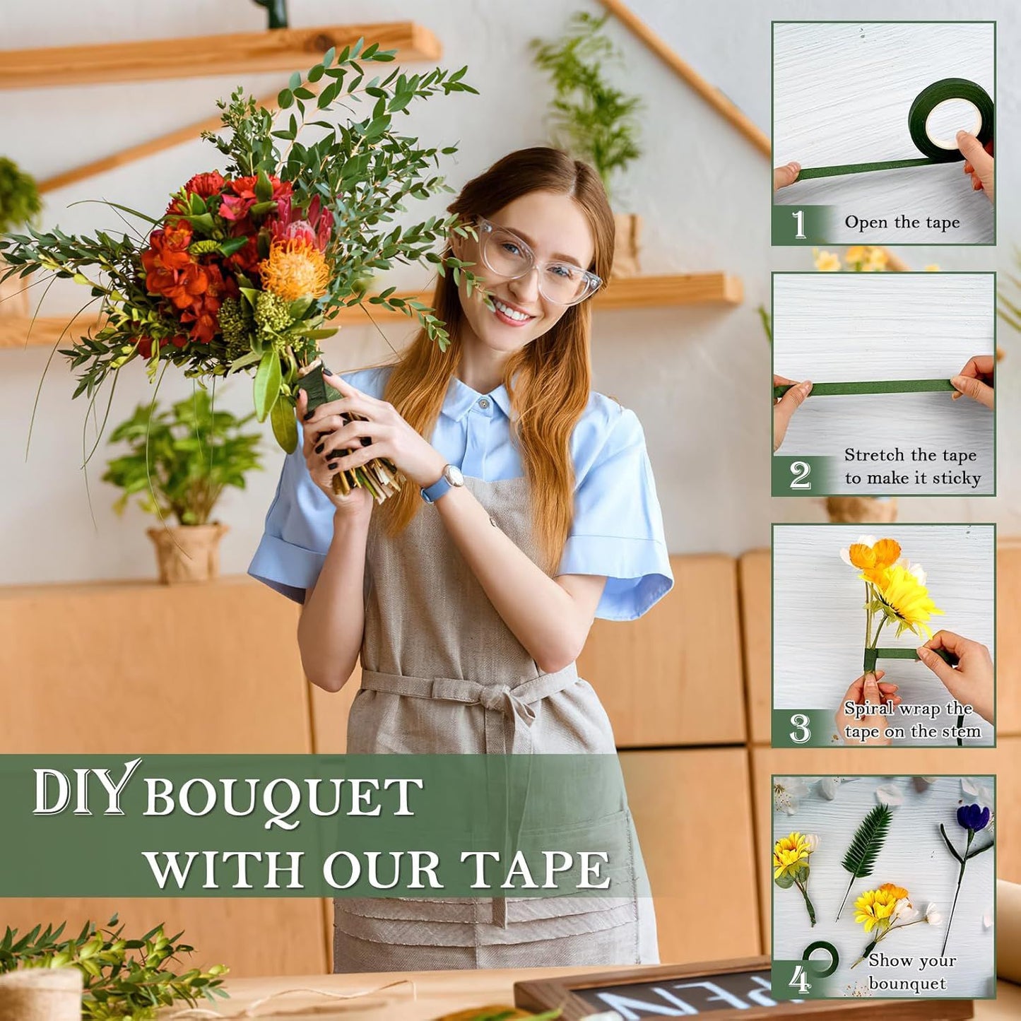 8 Rolls Floral Tape, 1/2" Wide Flower Tape, Dark Green Floral Tape for Fresh Flowers, Adhesive Florist Tape for Floral Crafts, Bouquet Floral Arranging Stem Wrapping, Wedding Bouquet, 30Yard