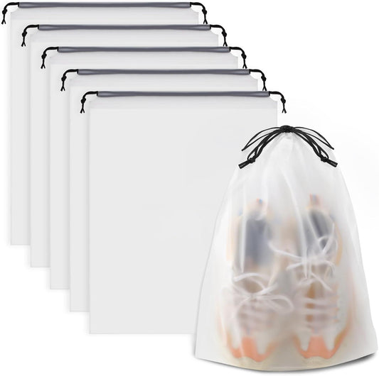 , Waterproof Travel Drawstring Shoe Bags for Packing, Storage, Travel Essentials for Men and Women, 15.7 x 11.8 inches, Clear, 5 pieces