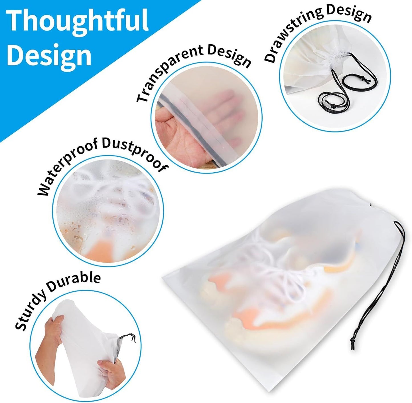 , Waterproof Travel Drawstring Shoe Bags for Packing, Storage, Travel Essentials for Men and Women, 15.7 x 11.8 inches, Clear, 5 pieces