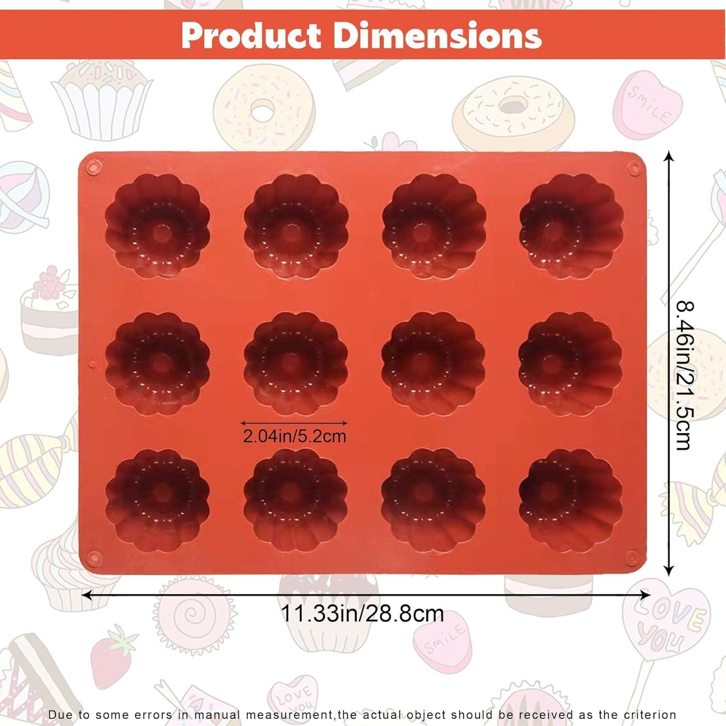 Canele Molds Canele Mold Silicone,12-Cavity Non-Stick Canele Mold Baking Cake Pan for Bread Muffin Candle Ice Cream Jelly Pudding Soap Making, Red