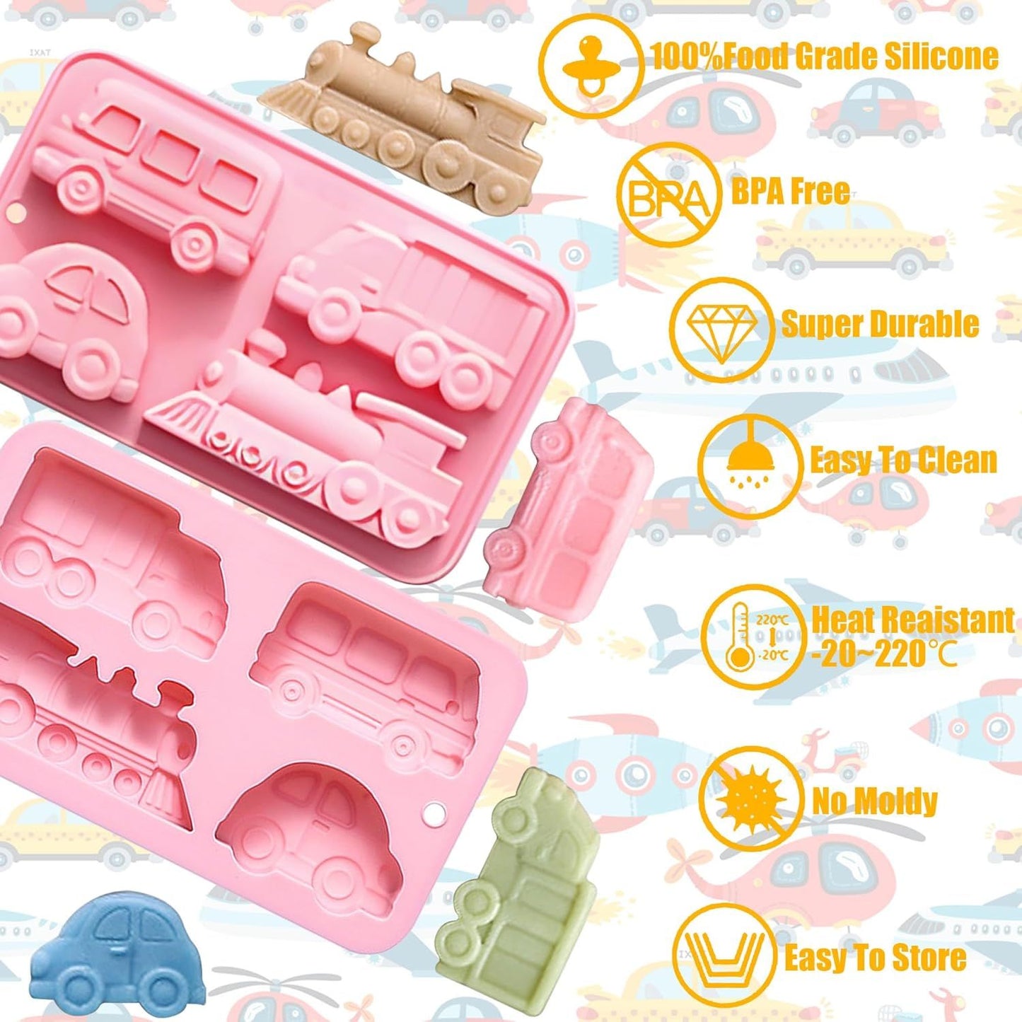 Car Silicone Soap Mold, Silicone Cake Mold, 3D Transportation Candy Mould Non-Stick Car Shape Baking Tool for Cake Cupcake Jelly Pudding Muffin Ice Cube Clay