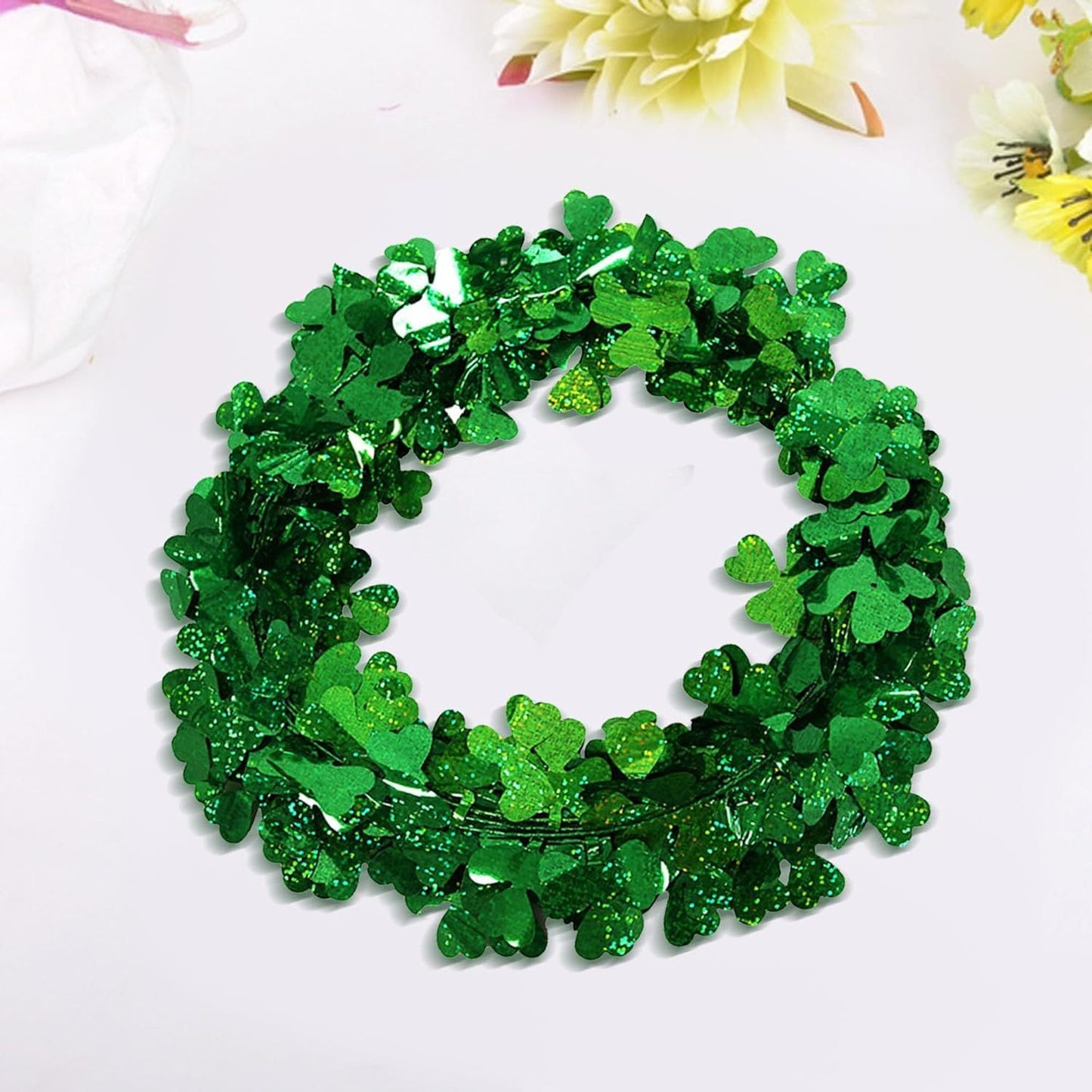 2Pcs St Patricks Day Tinsel Garland, 49.2 Ft Green Shamrock Garland Shiny Metallic Twist Garlands Hanging Glitter Clover Wreaths, St Patrick's Day Decorations for Wall Door Home Irish Party Supplies