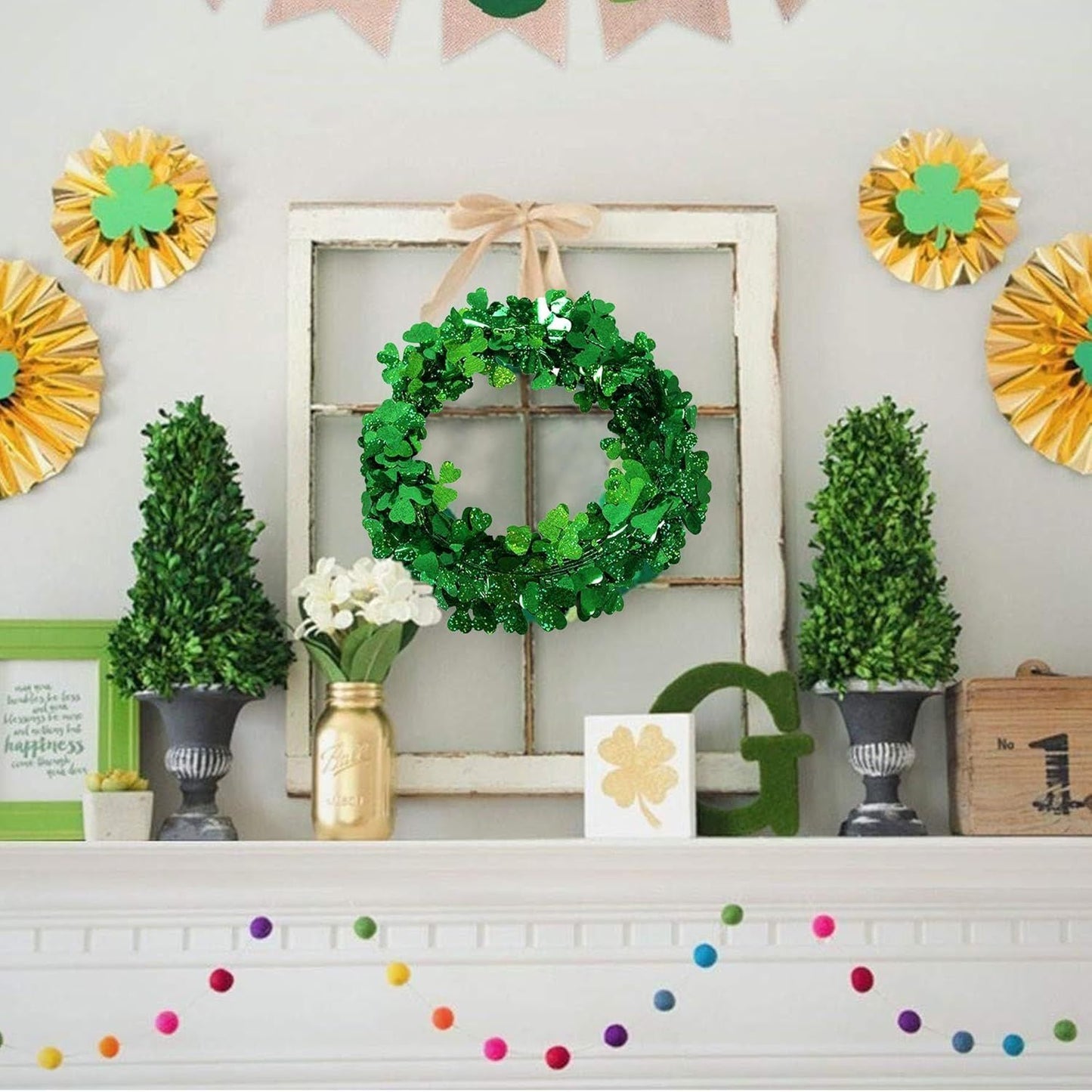 2Pcs St Patricks Day Tinsel Garland, 49.2 Ft Green Shamrock Garland Shiny Metallic Twist Garlands Hanging Glitter Clover Wreaths, St Patrick's Day Decorations for Wall Door Home Irish Party Supplies