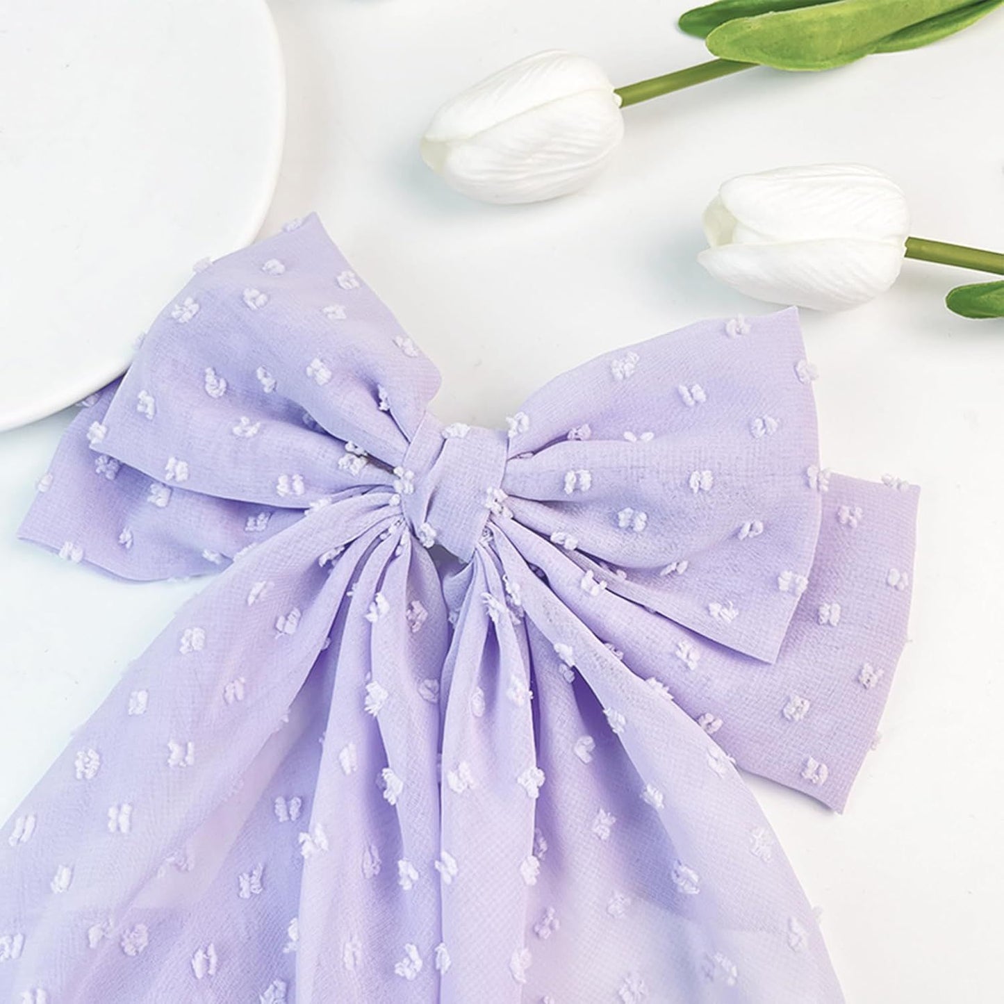 8in Hair Bows Barrettes for Women & Girls: Large Satin Bow Hair Clip with Long Tail - Elegant Hair Ribbon for French Stylish Looks -Chic Soft Cloth Oversized Bows Hair Accessories (Purple)