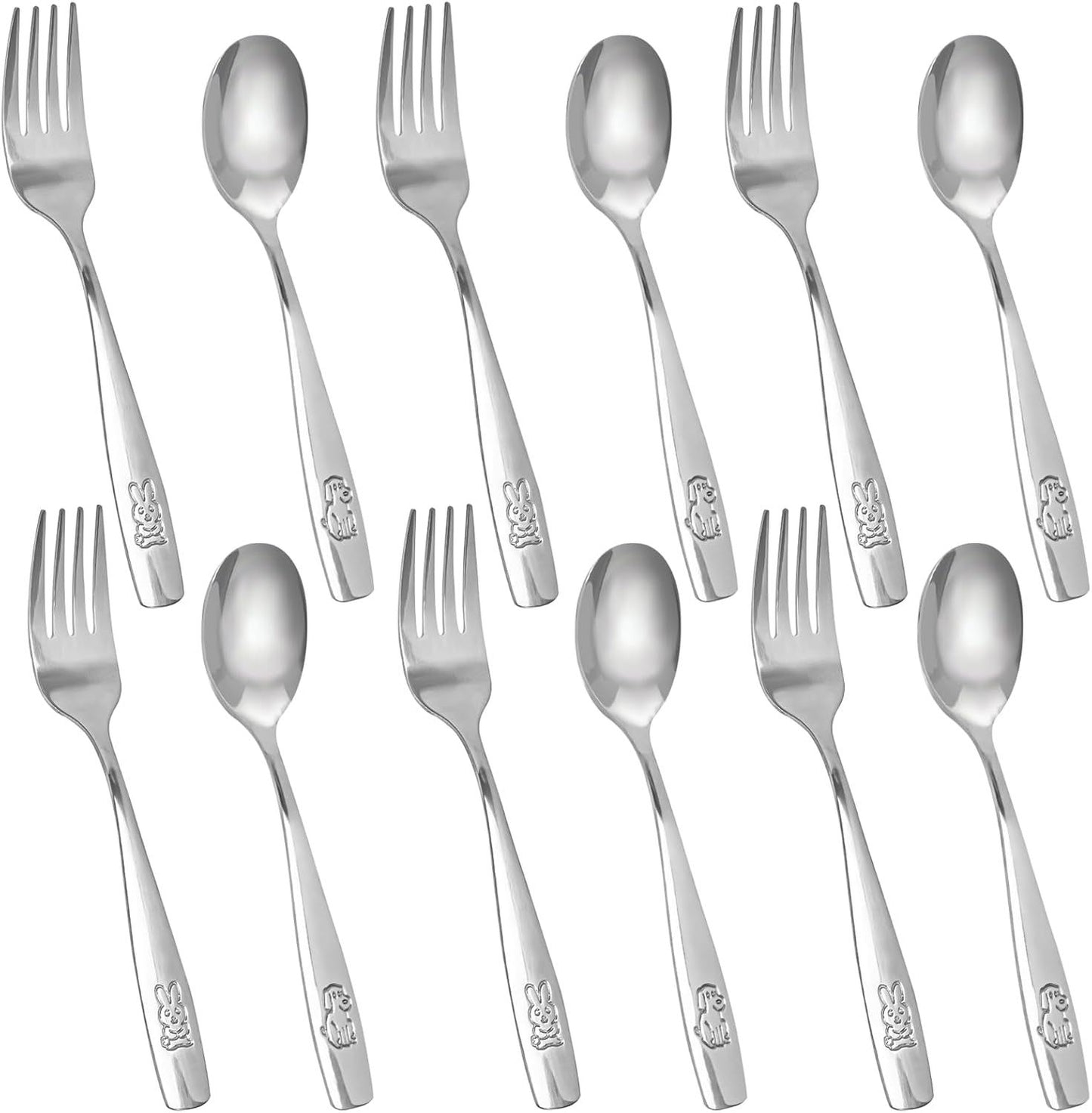 12PCS Toddler Utensils, Stainless Steel Kids Silverware, Safe Toddler Forks and Spoons, Mirror Polished, Dishwasher Safe, with Bunny & Puppy Motifs, Fun Stocking Stuffers for Kids