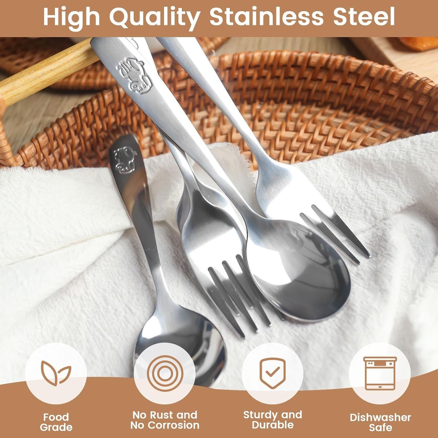 12PCS Toddler Utensils, Stainless Steel Kids Silverware, Safe Toddler Forks and Spoons, Mirror Polished, Dishwasher Safe, with Bunny & Puppy Motifs, Fun Stocking Stuffers for Kids