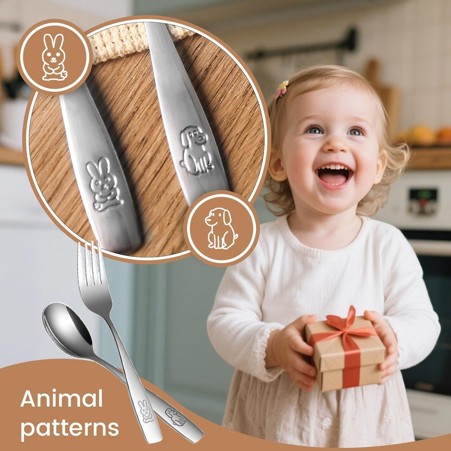 12PCS Toddler Utensils, Stainless Steel Kids Silverware, Safe Toddler Forks and Spoons, Mirror Polished, Dishwasher Safe, with Bunny & Puppy Motifs, Fun Stocking Stuffers for Kids